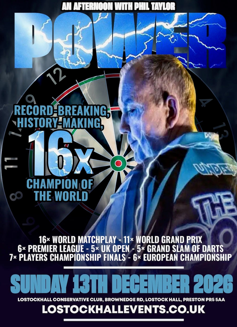 Phil “The Power” Taylor event poster, Lostock Hall Conservative Club, 13 December 2026